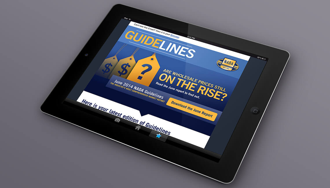 NADA Used Car Guide - “Guidelines”, monthly digital publication as shown on an iPhone tablet