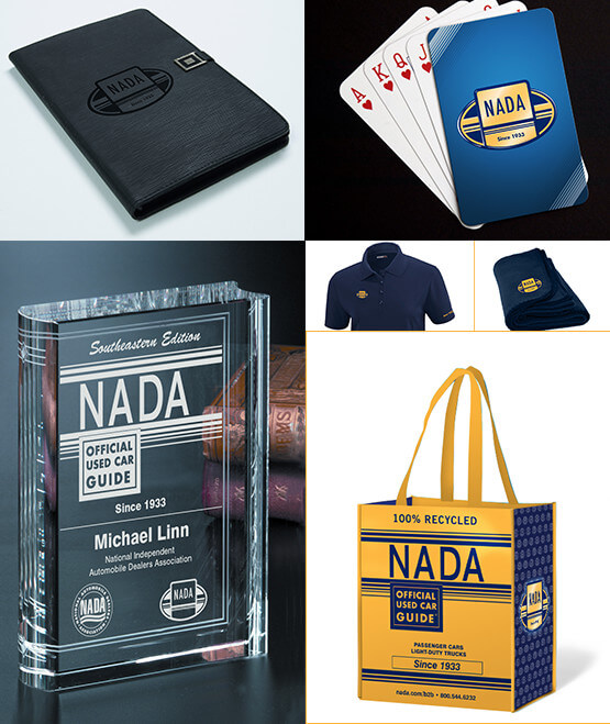 NADA Used Car Guide - various promotional items NADA Used Car Guide - Branded collateral, including playing cards, apparel, tote bag and award plaque