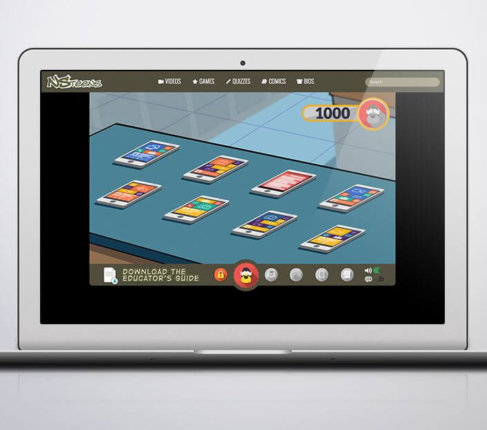 Screenshot from NS Teens eLearning game. Tabletop with 8 iphones on it.