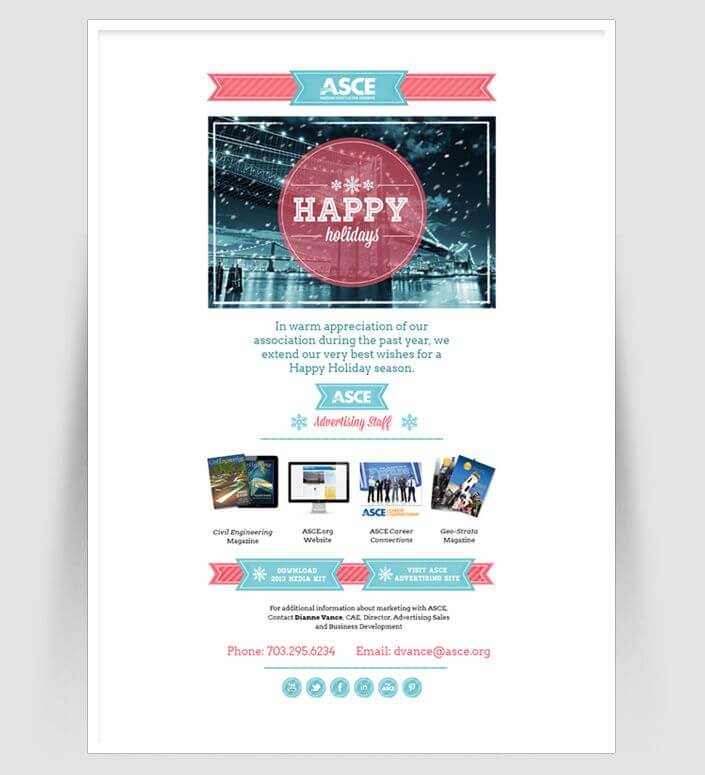 ASCE eCard America Society of Civil Engineers holiday email, which included a holiday greeting, links to media kit and website, and motion graphics gif