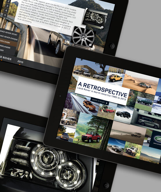 Land Rover - Digital “retrospective”, 3 mobile app screenshots as shown on a iPad tablet