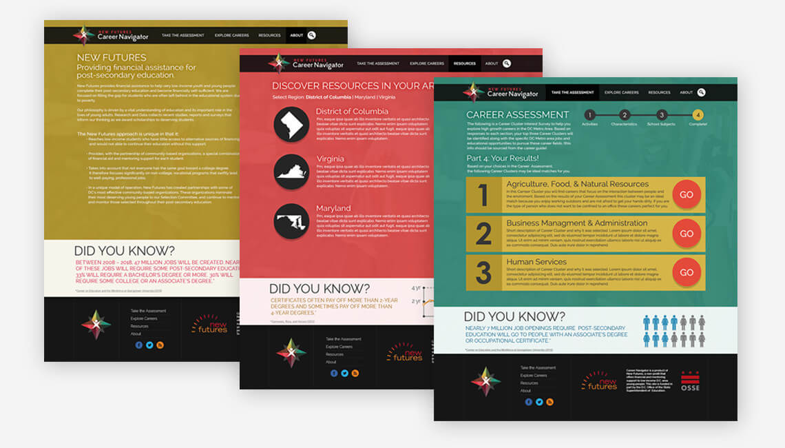 New Futures Career Navigation site design - various pages New Futures Career Navigation – Various website page designs