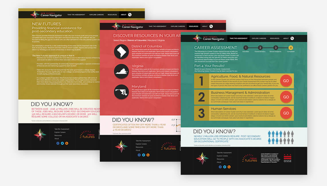 New Futures Career Navigation – Various website page designs