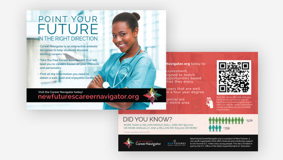 New Futures Career Navigator – Post card design, front and back
