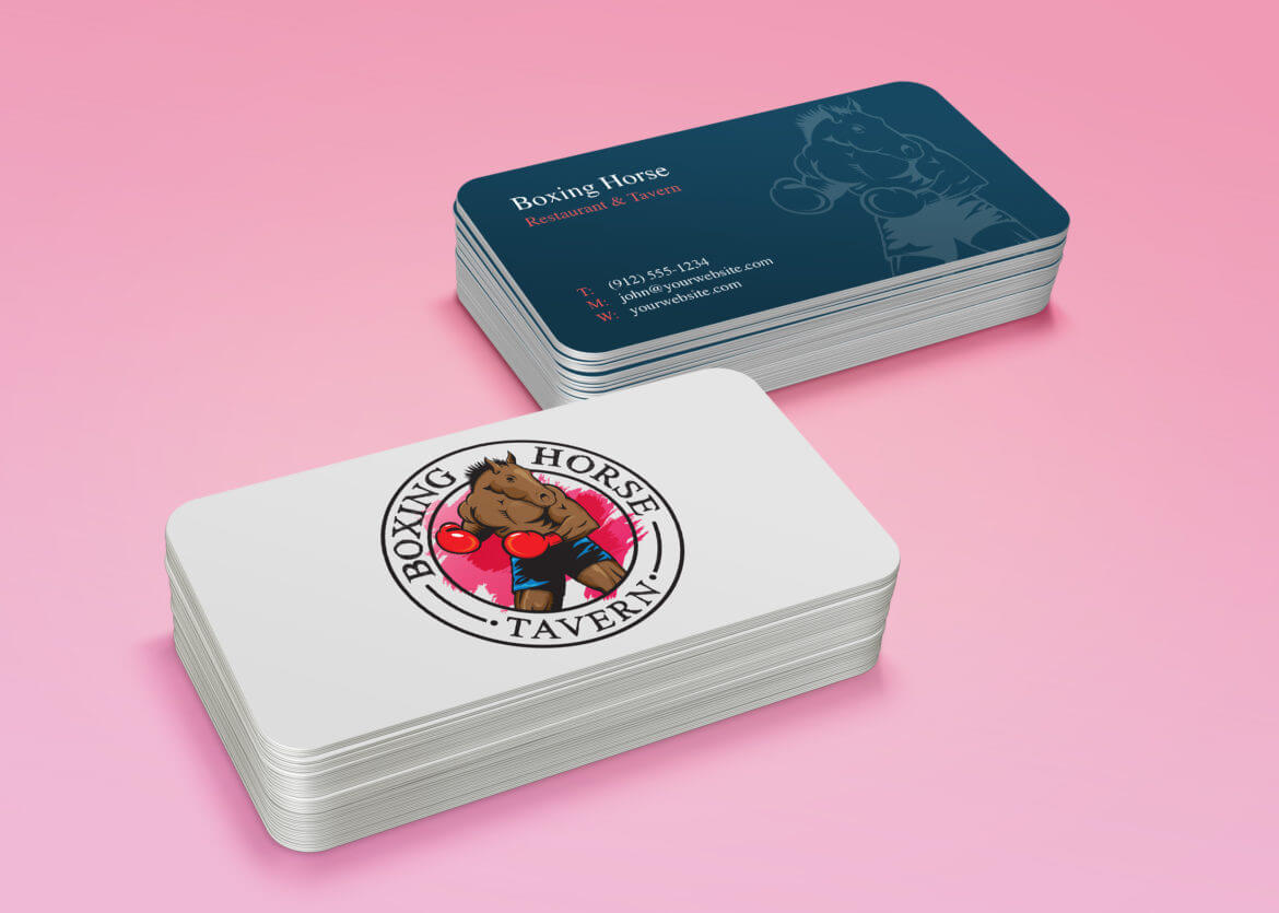 Stack of Boxing Horse Tavern business cards, front and back