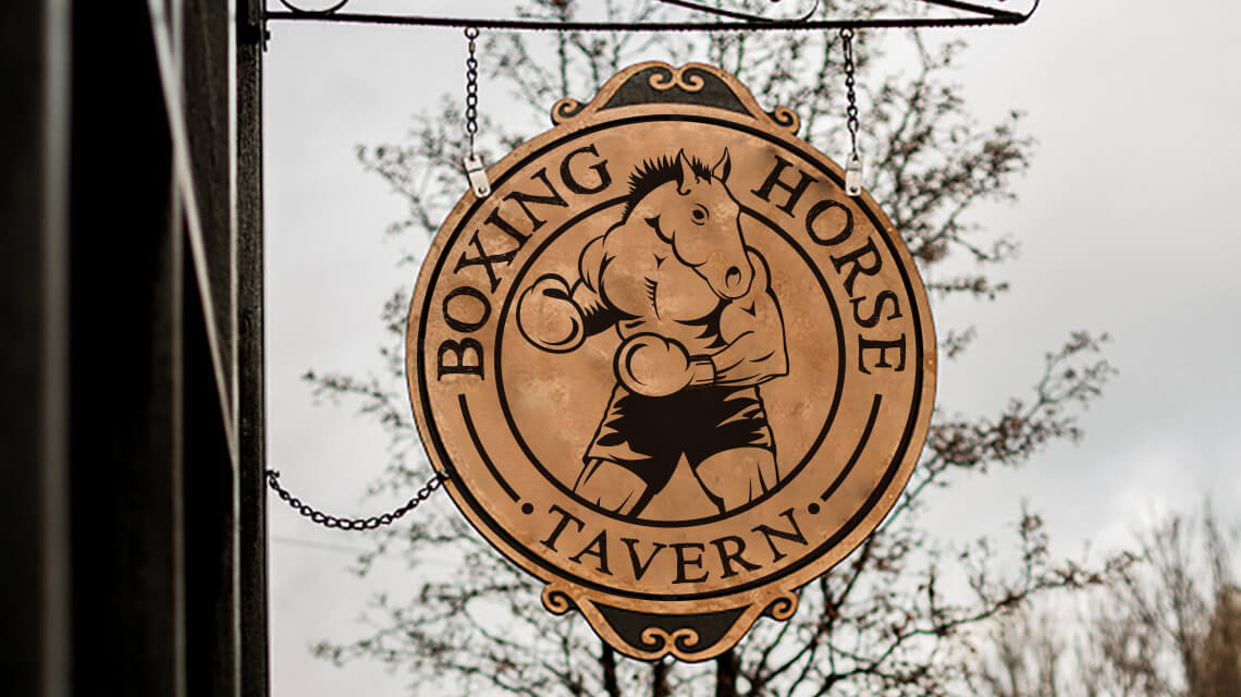 Logo sign in front of Boxing Horse Tavern