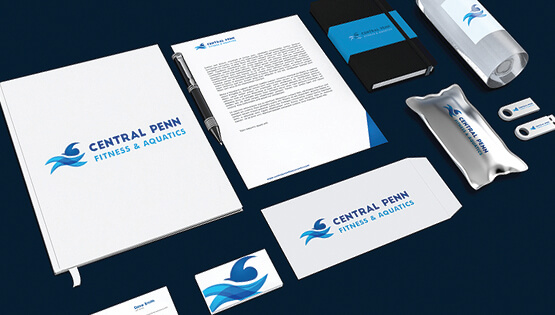 Central Penn Fitness Center marketing collateral, including business cards, letterhead, thumb drive, presentation cover