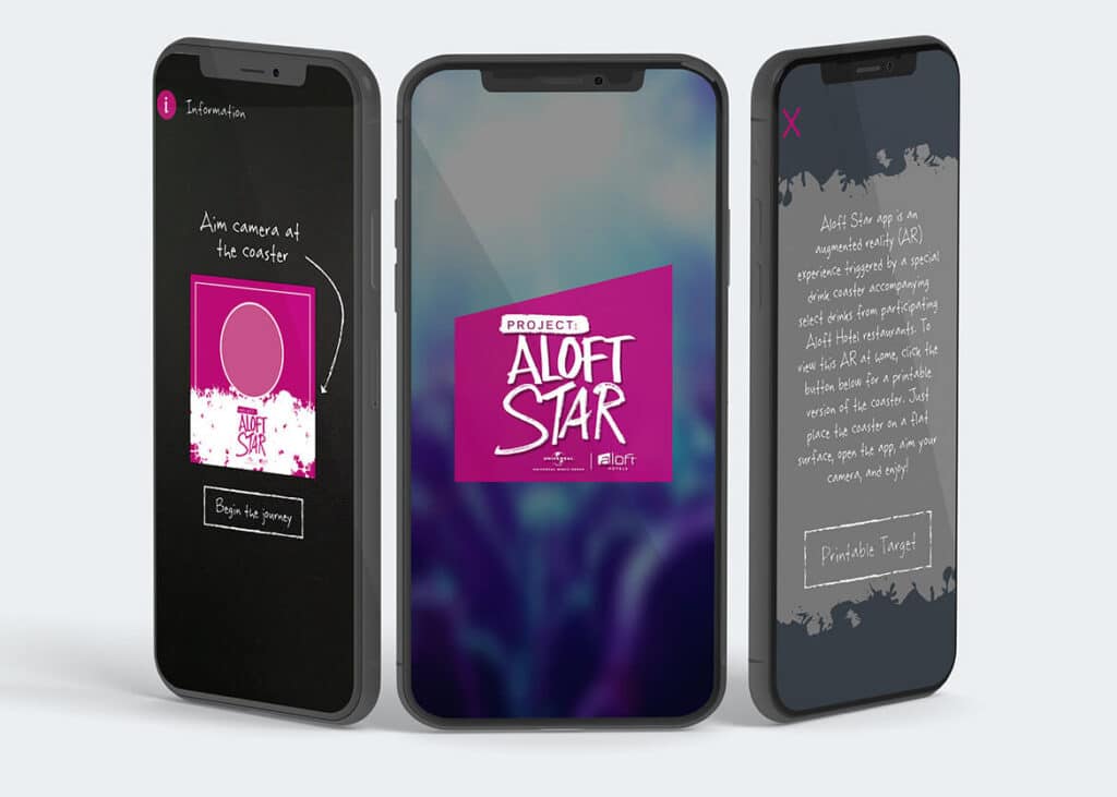 Aloft Hotels AR app screens showing city selection for Project Aloft Star