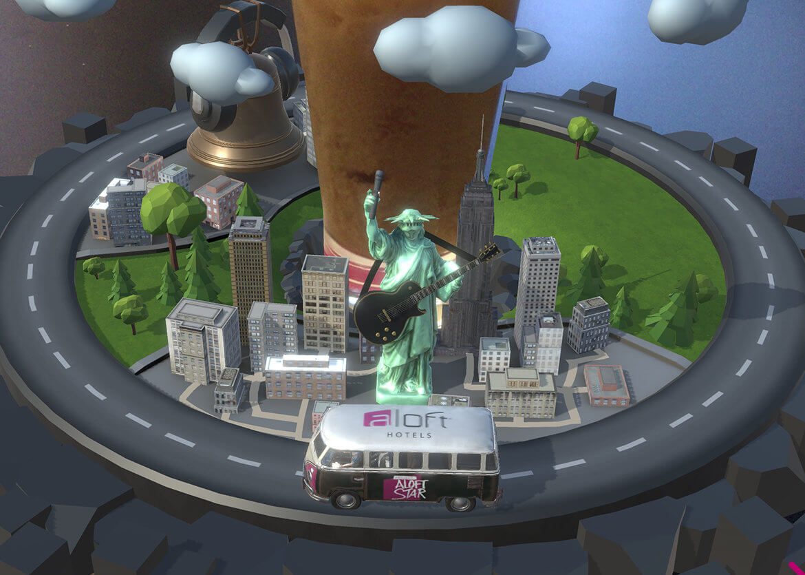 Marriott app screenshot – Aloft van passing New York City