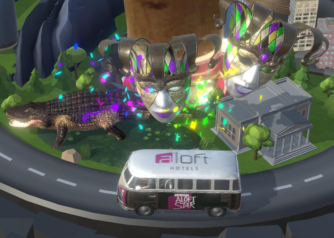 AR miniature cityscape appearing on Aloft Hotels coaster, New Orleans tour stop