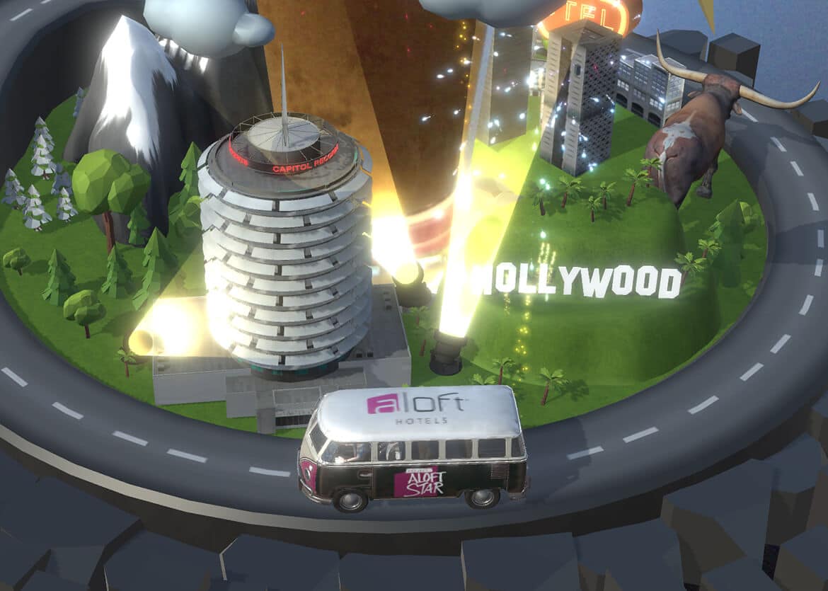 Aloft Hotels AR app displaying Hollywood city diorama on hotel bar surface
