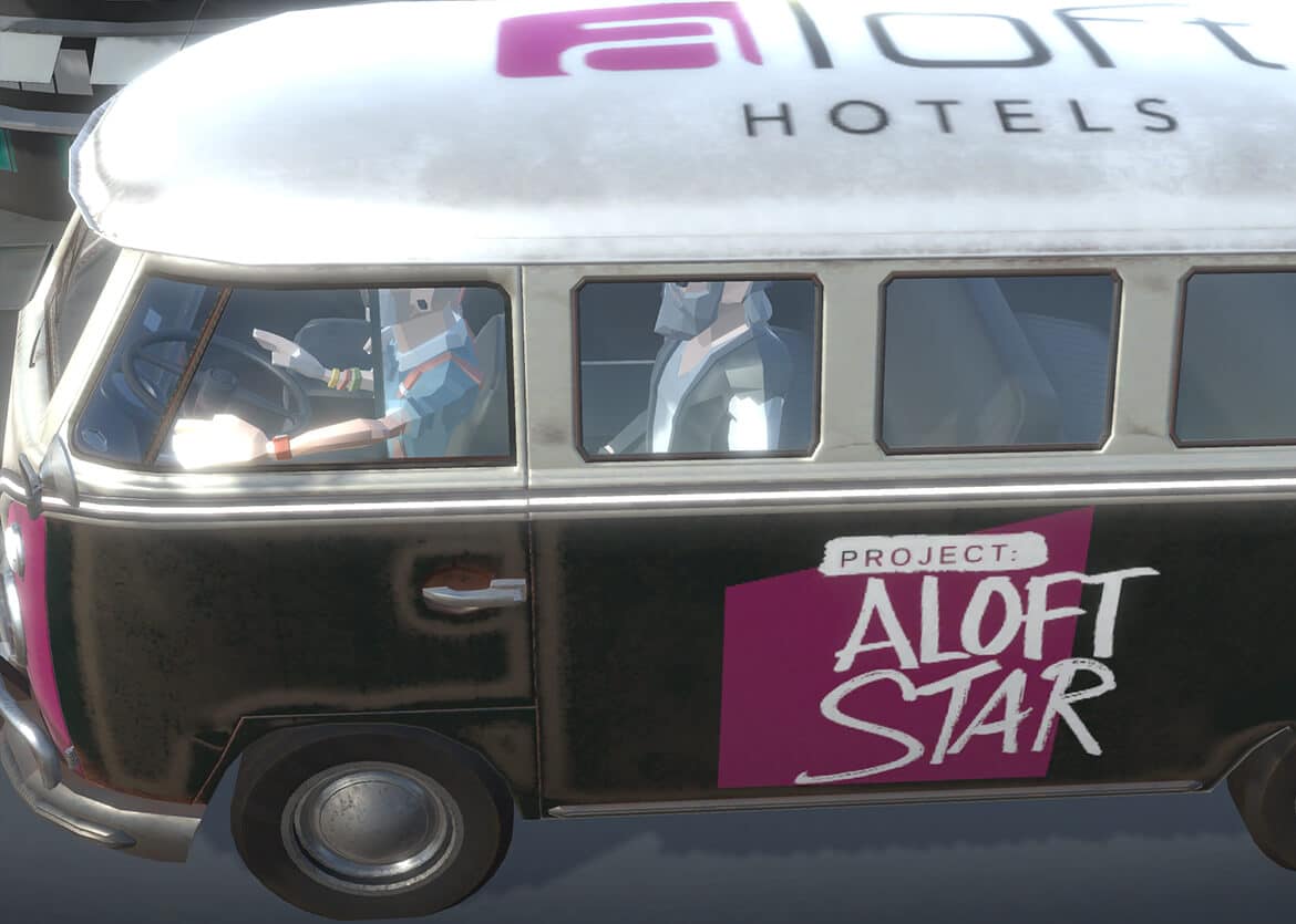 Animated Project Aloft Star tour bus driving through AR city scene