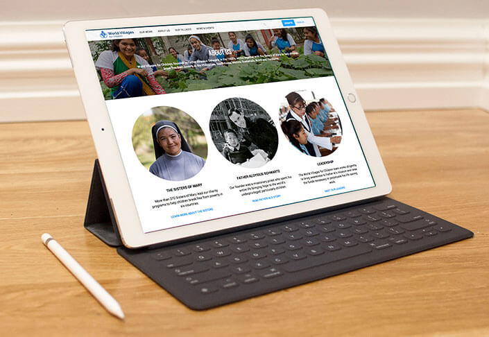 World Villages for Children Leadership web page shown on tablet