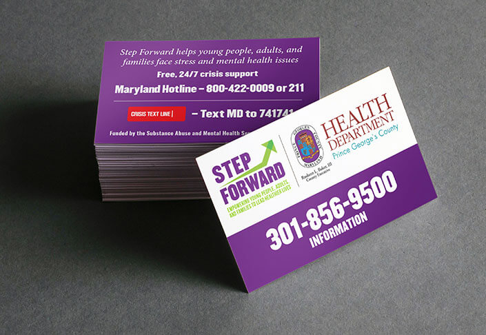 Stack of Step Forward business cards, front and back