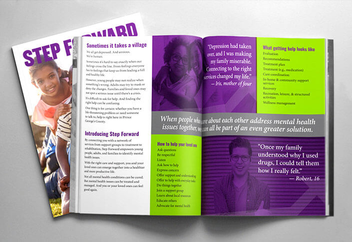 Step Forward brochure, front cover and inside spread