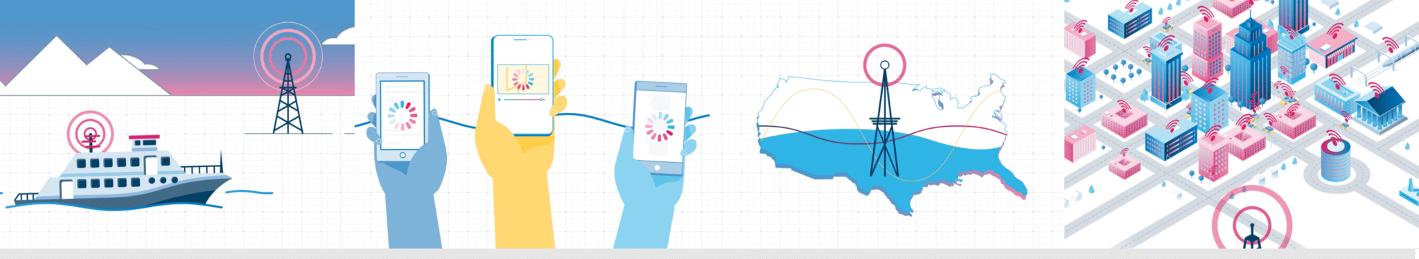 BitPath brand illustration system showing broadcast towers, mobile devices, US coverage map, and isometric city