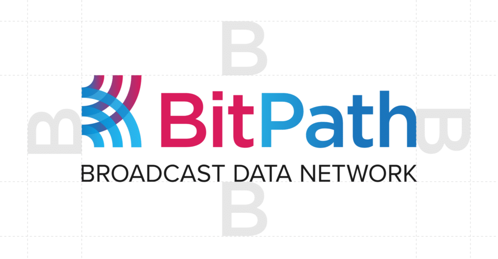 BitPath logo construction grid showing signal arc geometry forming the letter B