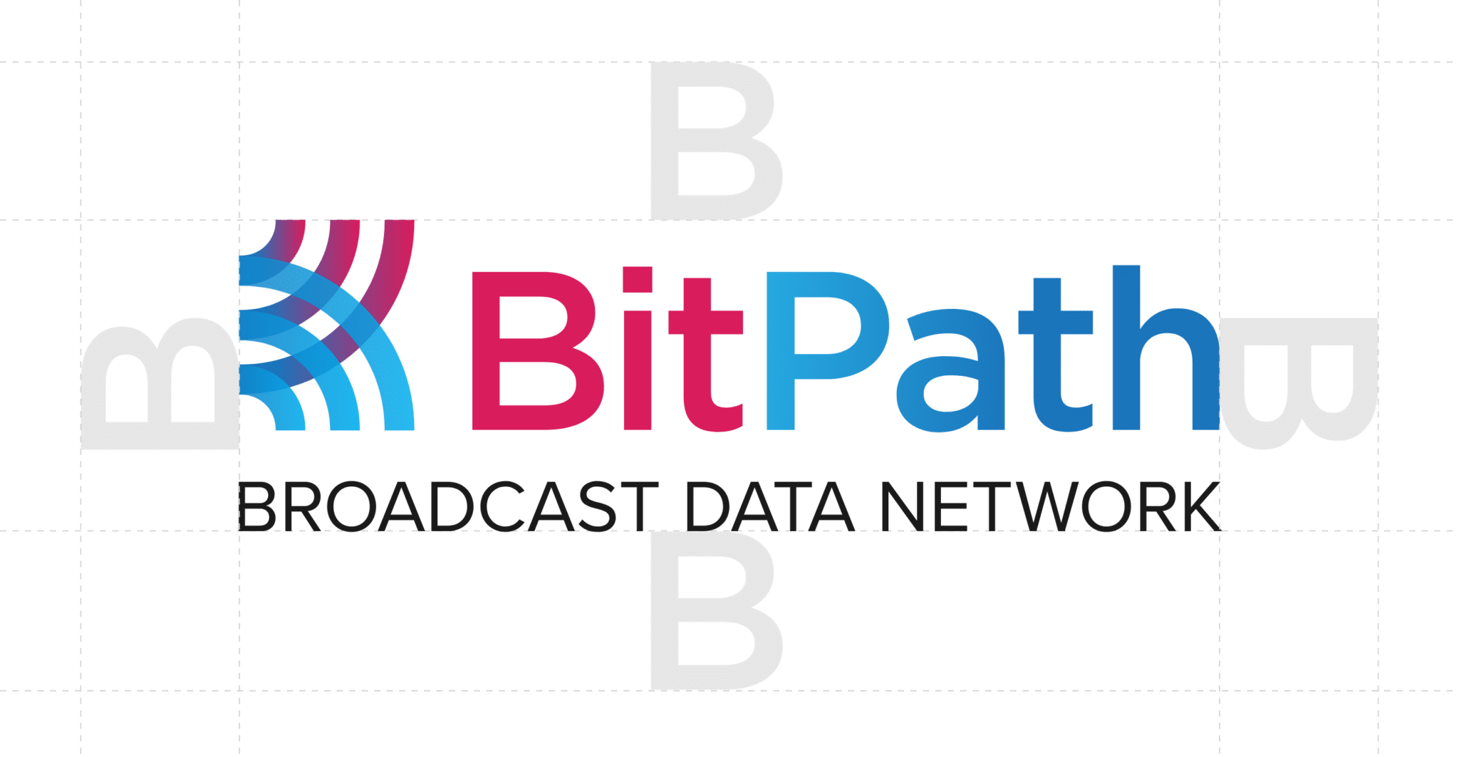 BitPath logo construction grid showing signal arc geometry forming the letter B
