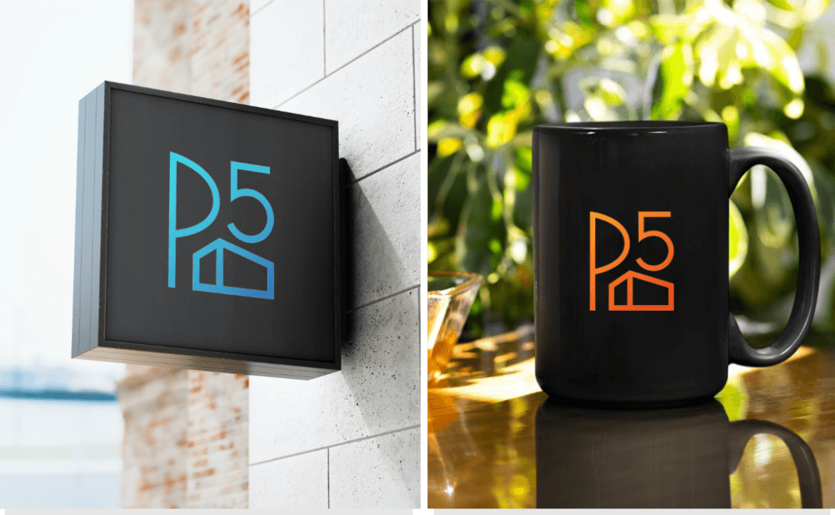p5 logo on outdoor signage and coffee mug