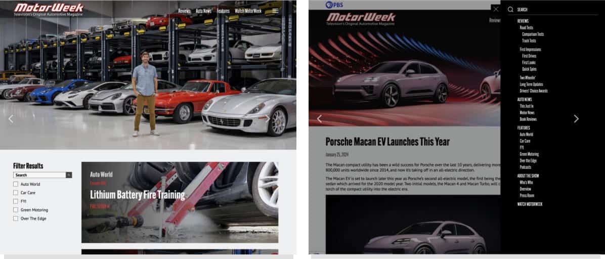 MotorWeek website — feature content layout