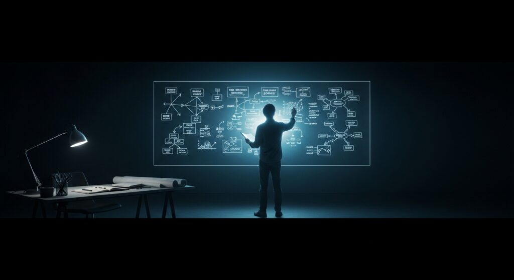 Brand strategist working at a glowing whiteboard with creative strategy frameworks in a dark studio | Sutter Group