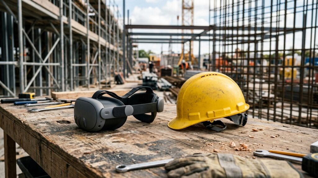 VR headset and hard hat on a construction site workbench | Sutter Group