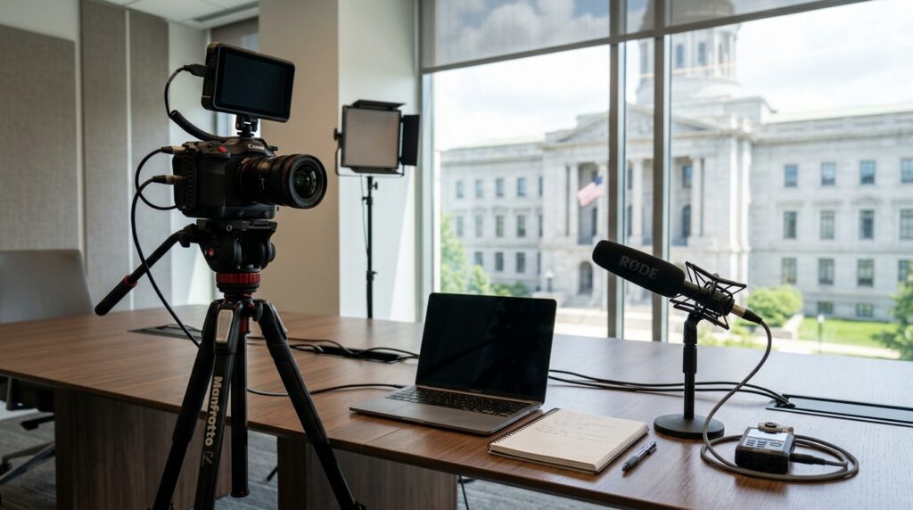 Video production setup in a conference room overlooking a government building | Sutter Group