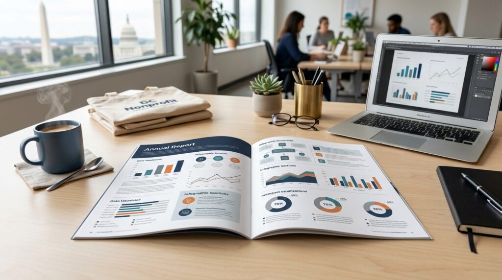 Annual report design mockup open on a desk with data visualizations and infographics | Sutter Group