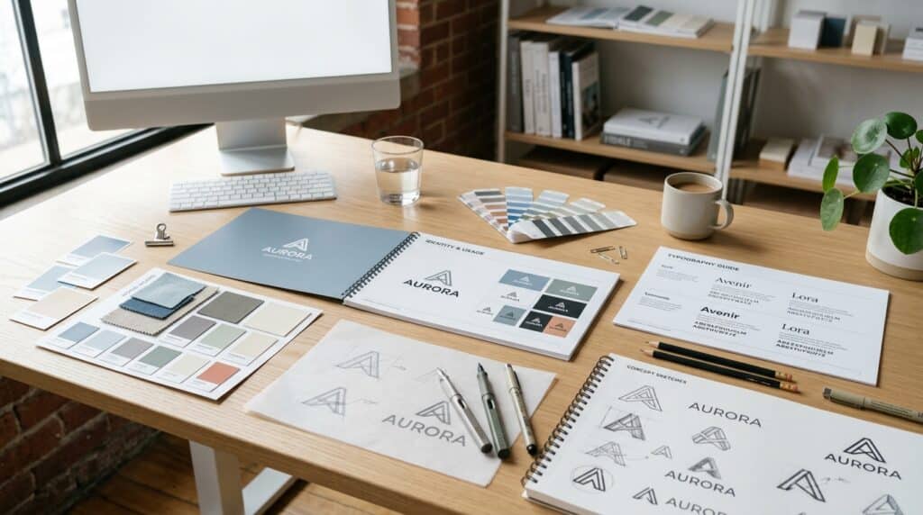 Brand identity design workspace with color swatches, typography samples, and logo sketches | Sutter Group