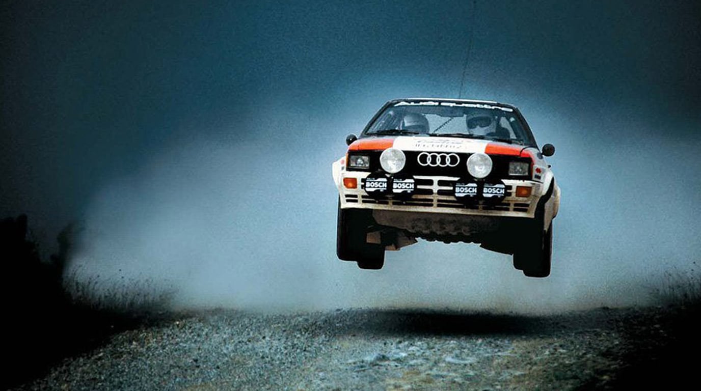 Audi quattro WRC rally car airborne