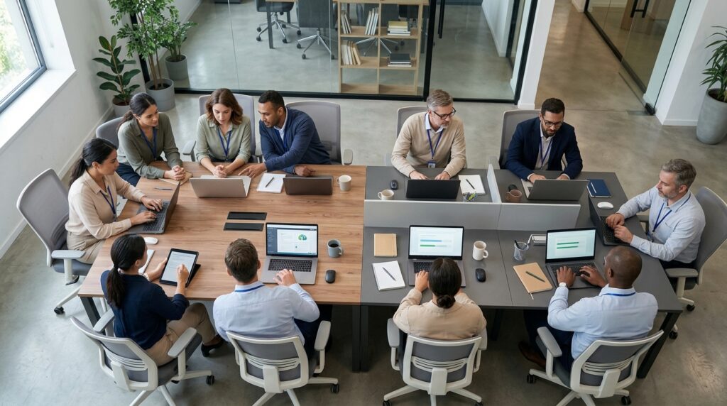 Government contracting professionals reviewing eLearning training materials on laptops in a professional office setting | Sutter Group