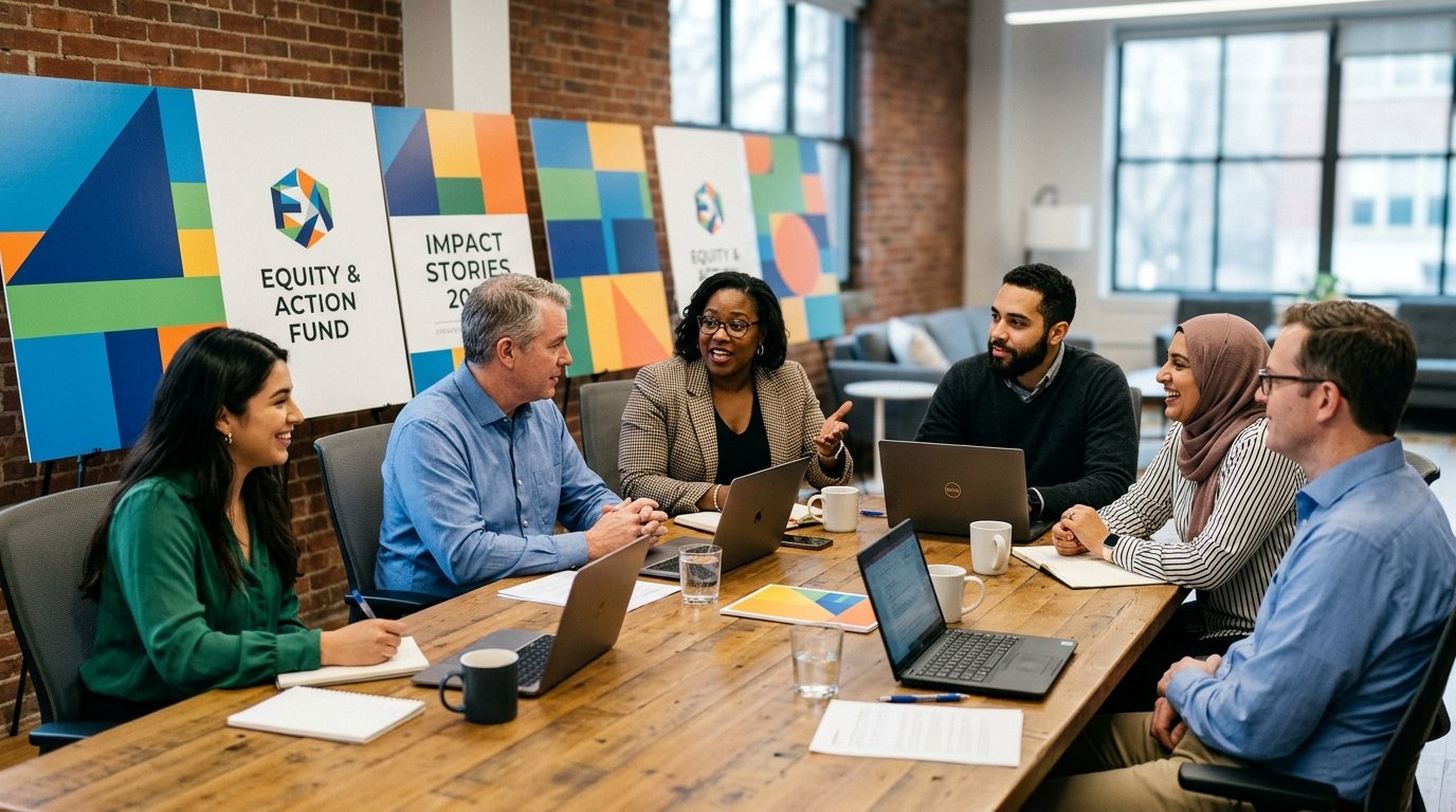 Nonprofit branding team reviewing brand identity materials in a Washington DC office | Sutter Group