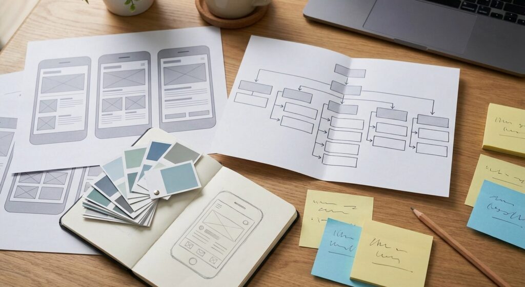 Association website design wireframes, sitemap, and color swatches