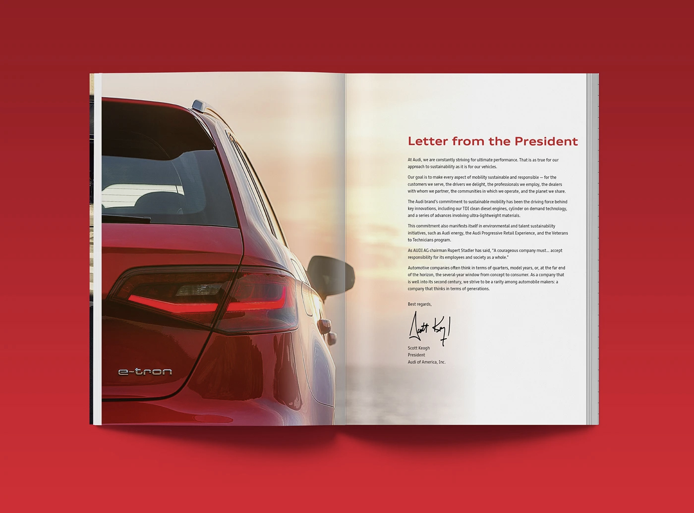 Audi Responsibility Report interior spread with program photography and typography