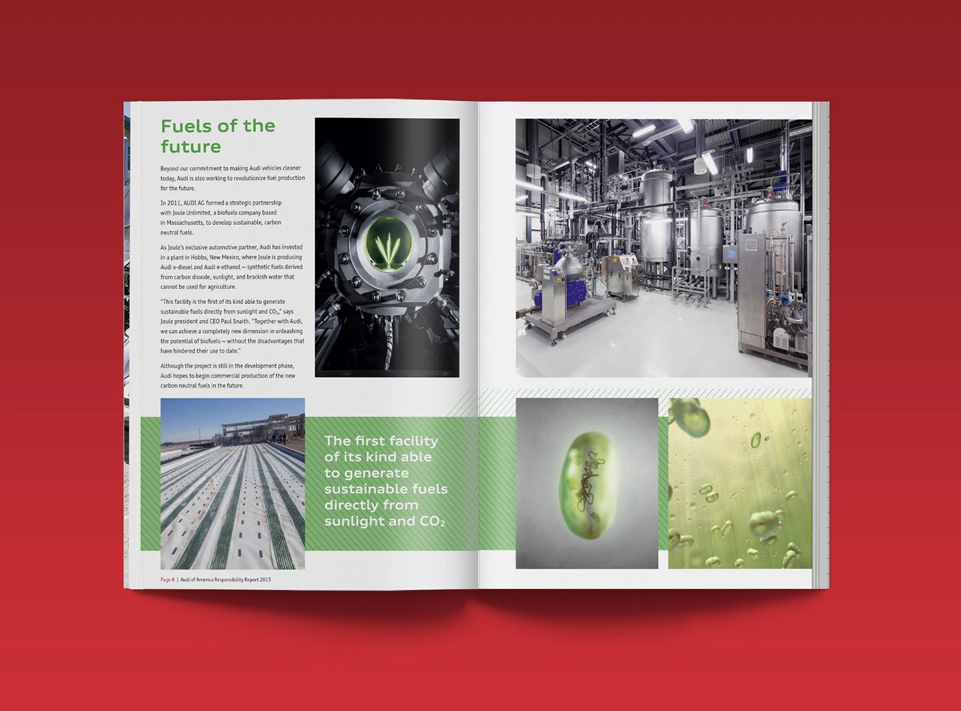 Audi Responsibility Report sustainability program spread with data and photography