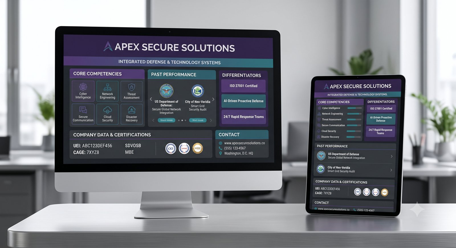 A professionally designed capabilities statement displayed on a desktop monitor and tablet in a modern office setting