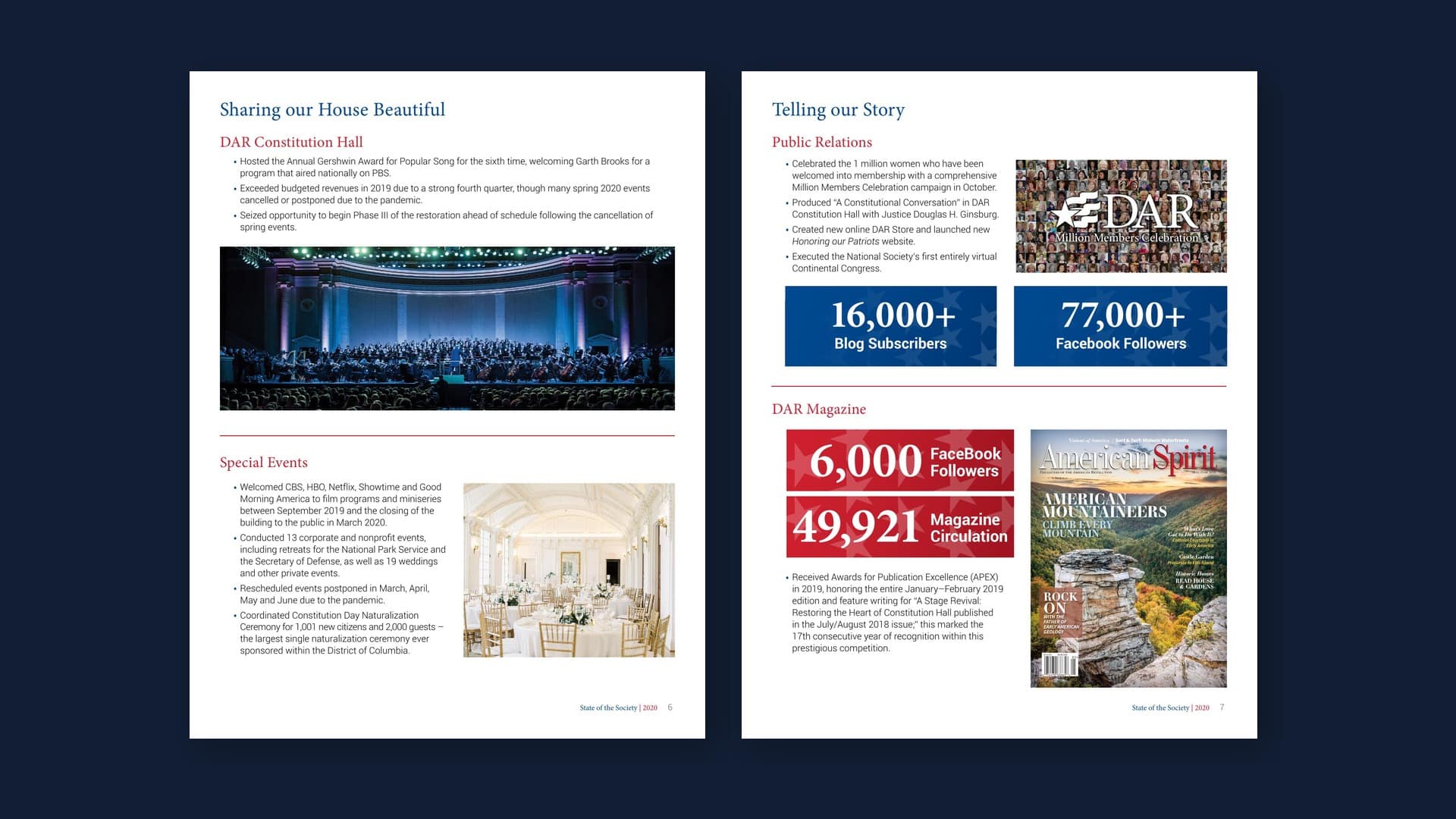 DAR State of the Society 2020 report spreads: Constitution Hall events and DAR Magazine section