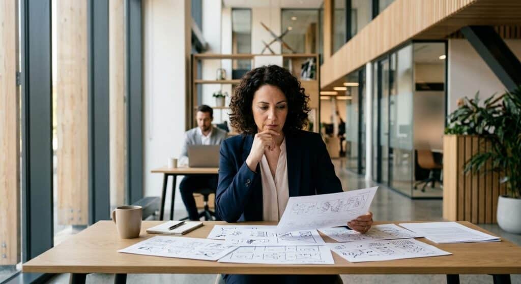 Professional reviewing printed eLearning course storyboards
