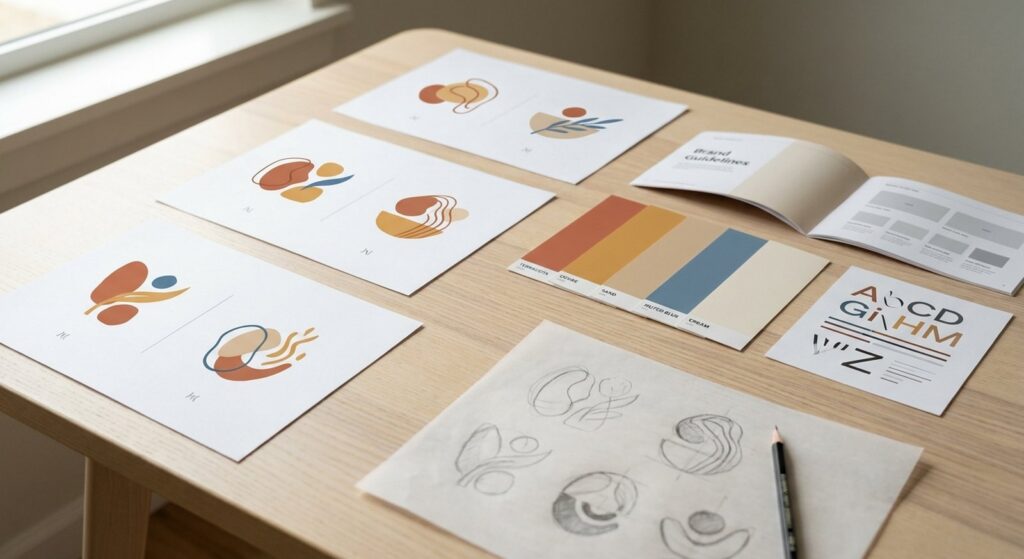 Nonprofit brand identity redesign with logo studies and color swatches