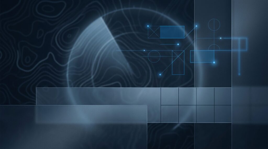 Abstract navy and steel graphic combining a topographic mission map, a radar sweep, and a clean design grid.